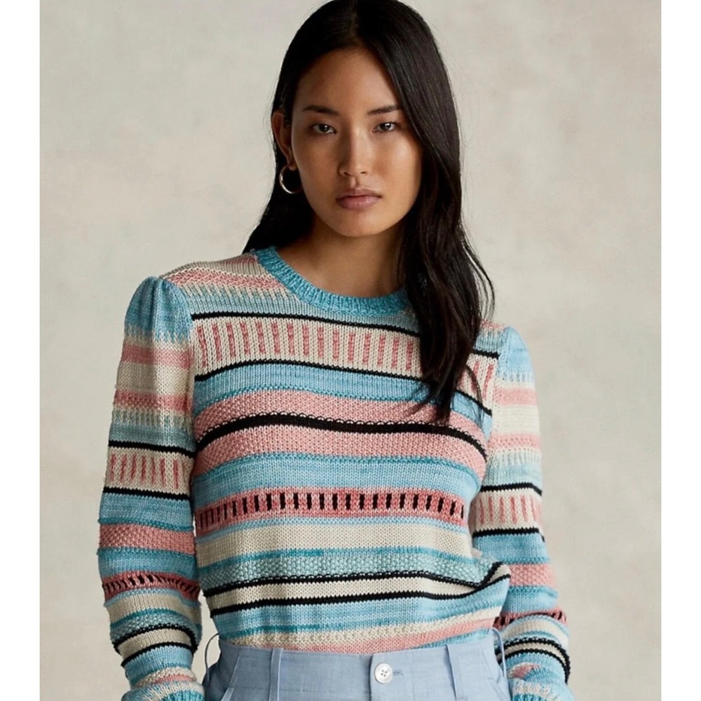 Polo Ralph Lauren Sweater Womens XS Blue Pink Cotton Linen Puff Sleeve Striped